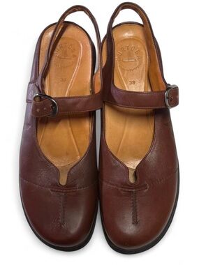 Murtosa Brown Leather Mary Jane Shoes Round Toe Slingback Portuguese Flats US 39